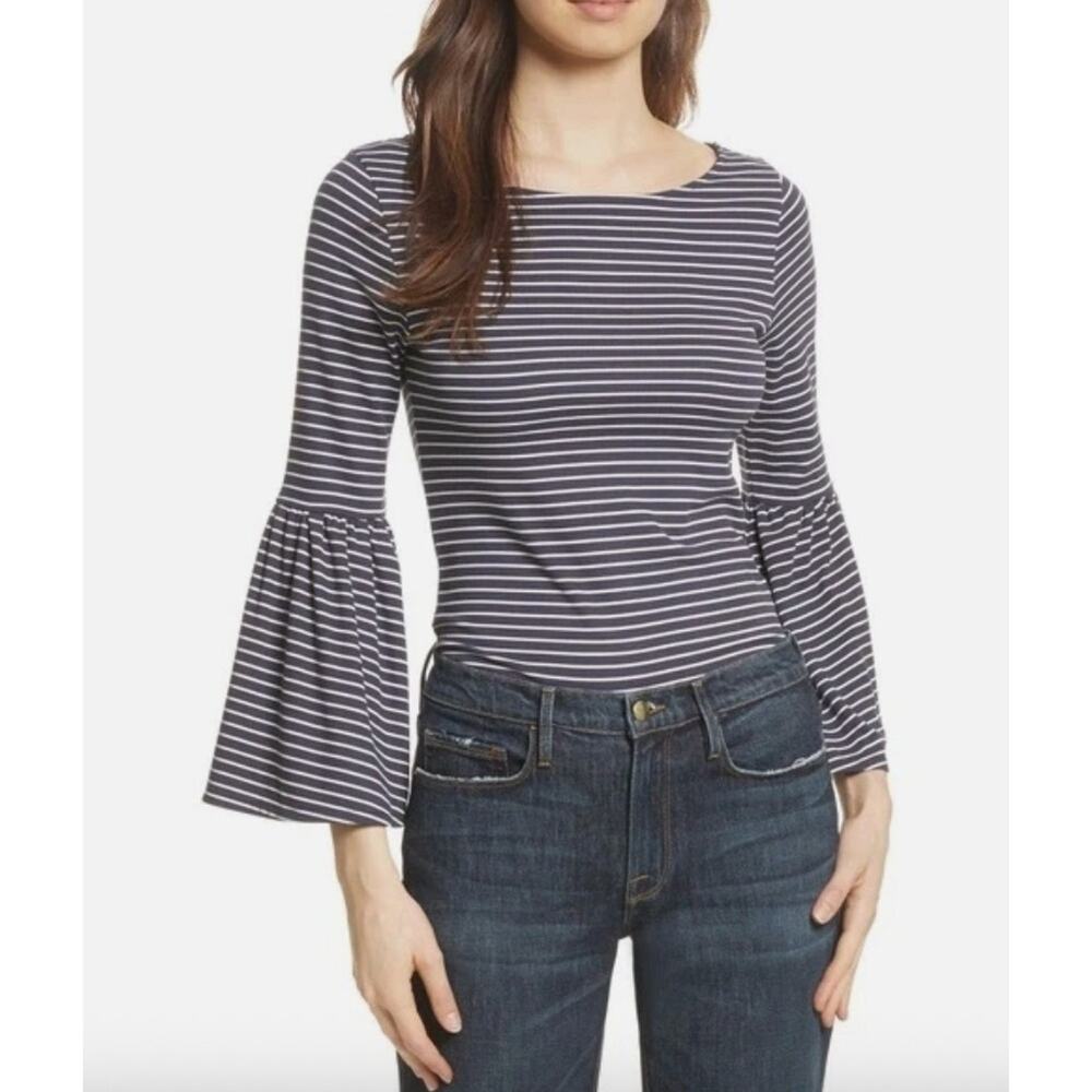 FRAME Dark Navy Striped Bell Sleeve Boat Neck Top LWTS0532 Womens Size M‎